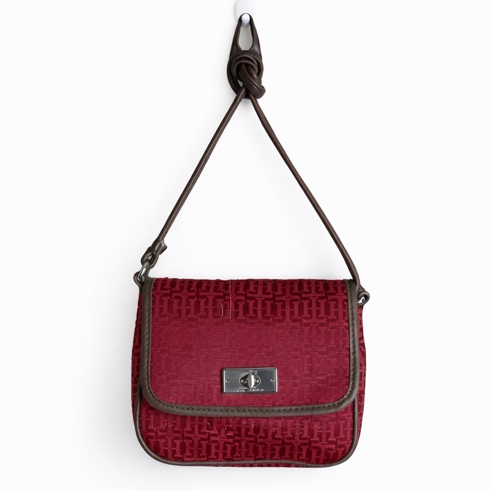 Tommy Hilfiger Mini Dark Red Crossbody Bag with Gold Front Clasp. 7" by 6"